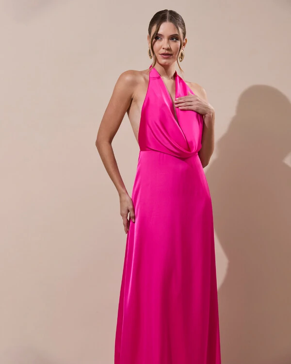 Vestido de Festa Longo Frente Única Degagê Cetim Fluido Pink