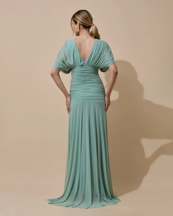 Vestido de Festa Longo Tule Manga Curta Drapeado Verde Menta