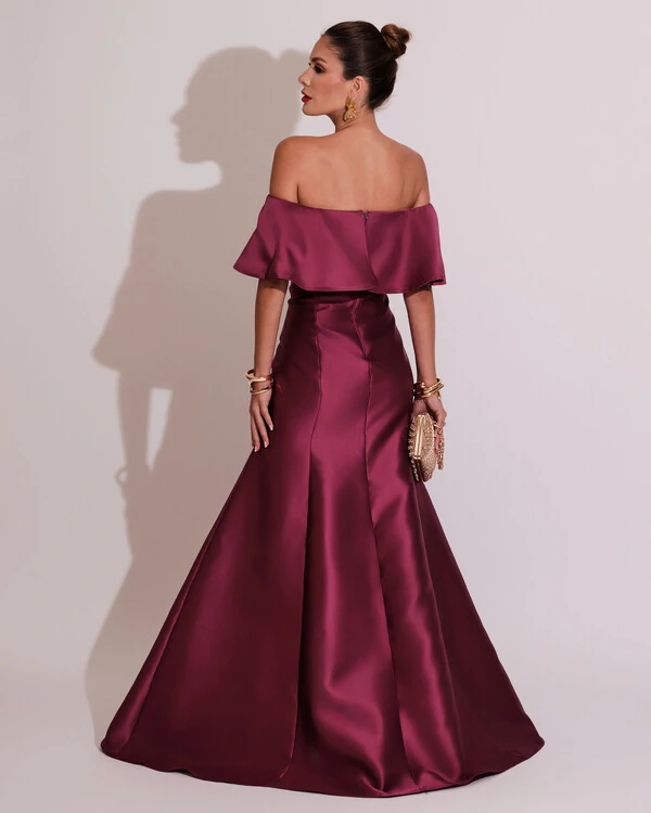 Vestido de Festa Longo Ombro a Ombro Zibeline com Babado Fúcsia
