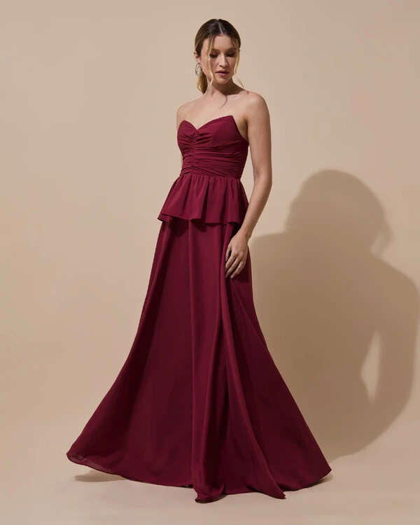 Vestido de Festa Longo Crepe Chiffon Tomara que Caia Peplum Drapeado Marsala New