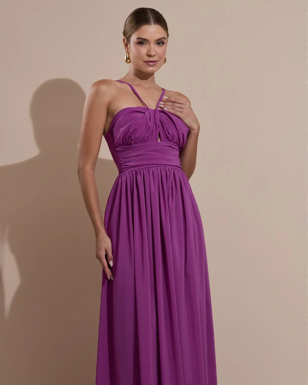 Vestido de Festa Longo Crepe Chiffon Drapeado com Alças Finas Fúcsia