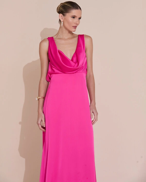 Vestido de Festa Longo Cetim Fluido Degagê Pink