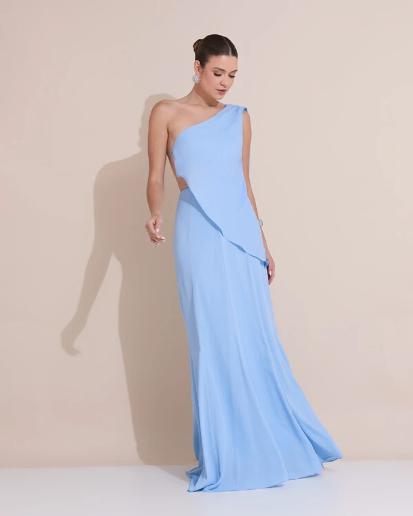 Vestido de Festa Longo Um Ombro Só Crepe Chiffon Lenço Serenity