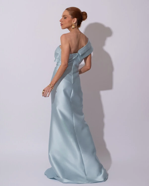 Vestido de festa Longo Zibeline Faixa Drapeada Ombro e Fenda Tiffany