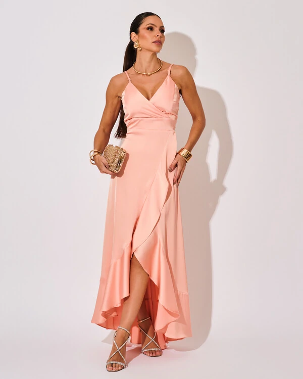Vestido Midi Babado Acetinado Rose Gold
