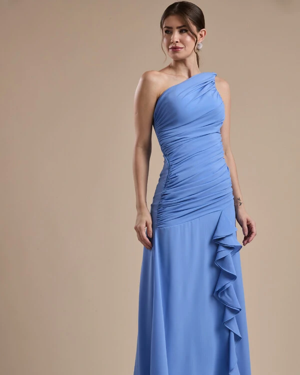 Vestido de Festa Longo Crepe Chiffon Um Ombro Só Drapeado com Babado Cascata Azul Atlantis