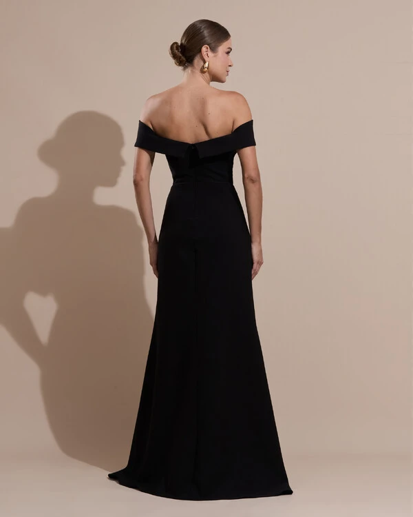 Vestido de Festa Longo Alfaiataria Ombro a Ombro com Fenda Preto