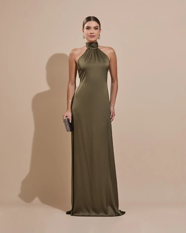 Vestido de Festa Gola Alta com Decote nas Costas Acetinado Verde Oliva