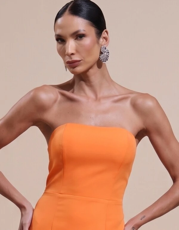 Vestido de Festa Longo Alfaiataria Tomara que Caia Saia Sereia Laranja