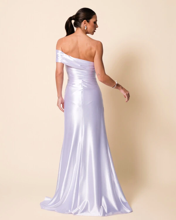 Vestido de Festa Longo Cetim Malha Metálico Ombro a Ombro Branco