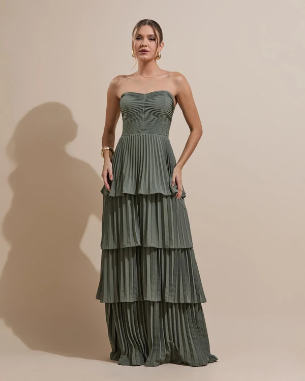 Vestido de Festa Longo Tomara que Caia Crepe Chiffon Plissado Camadas Verde Oliva