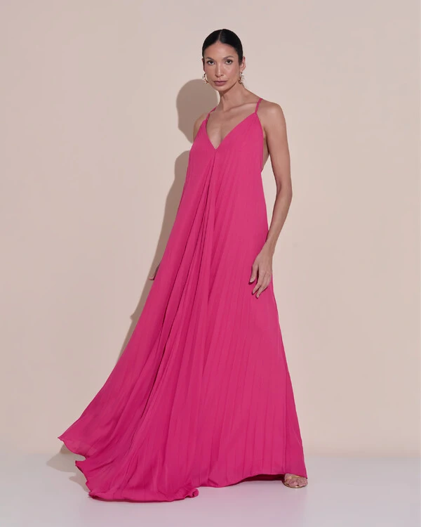 Vestido de Festa Longo Plissado Crepe Chiffon Decote V Alças Finas Pink Escuro
