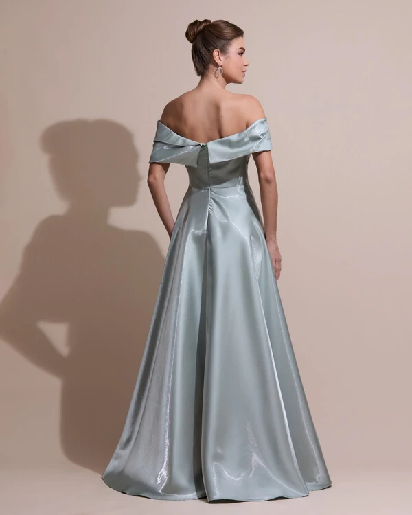 Vestido de Festa Longo Cetim Cristal Ombro a Ombro Drapeado Verde Menta