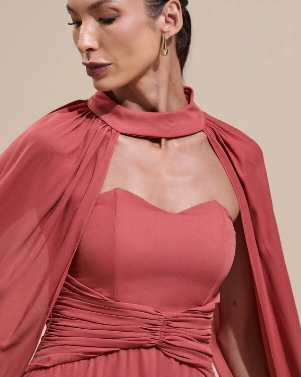 Vestido de Festa Longo Tomara Que Caia Crepe Chiffon Drapeado Capa Terracota