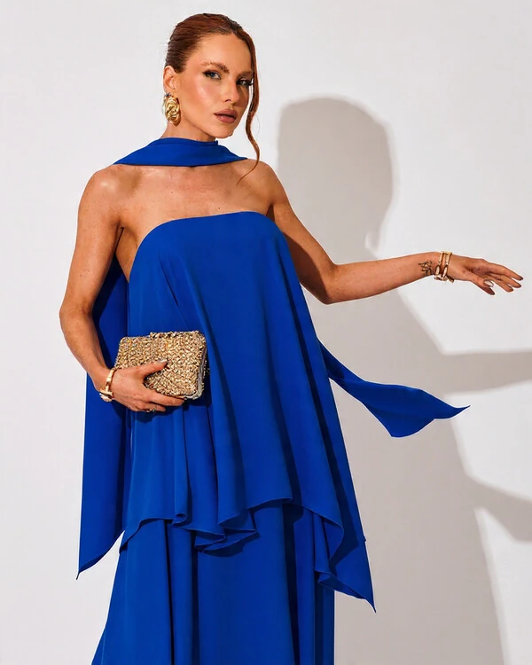 Vestido de Festa Longo Chiffon Crepe em Camadas com Lenço Azul Royal