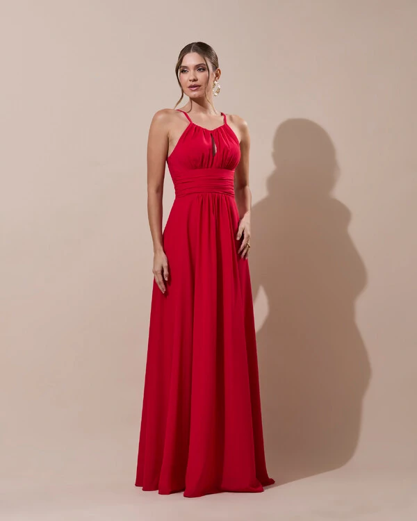 Vestido de Festa Longo Crepe Chiffon Drapeado com Alças e Saia Fluida Vermelho