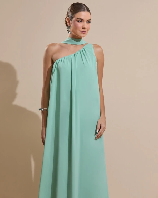 Vestido de Festa Longo Crepe Fluido um Ombro Só com Lenço Verde Menta