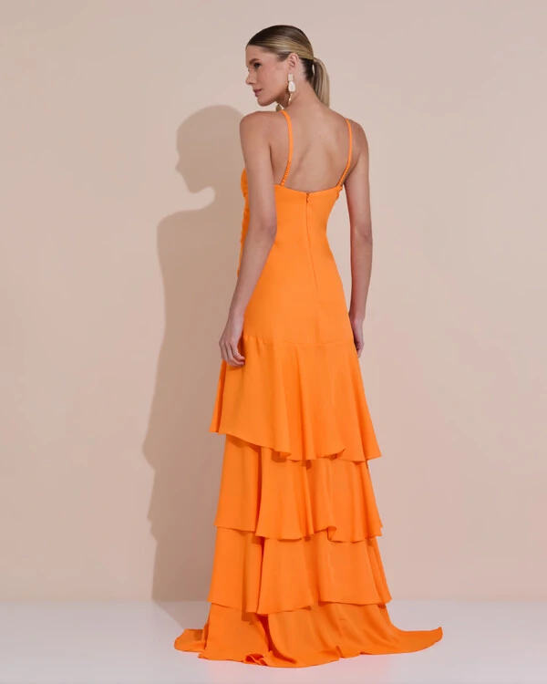 Vestido Longo Crepe com Babado em Camadas Laranja