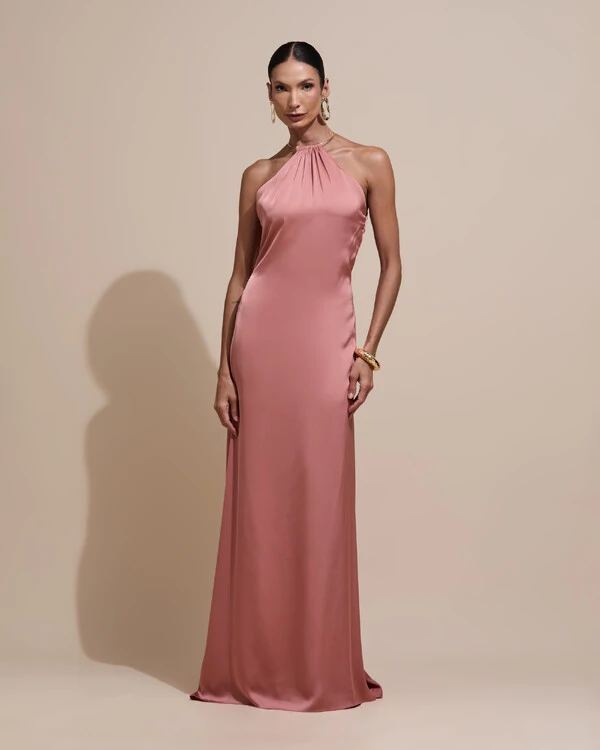 Vestido de Festa Longo Cetim Fluido com Argola Frente Única Rosa Blush