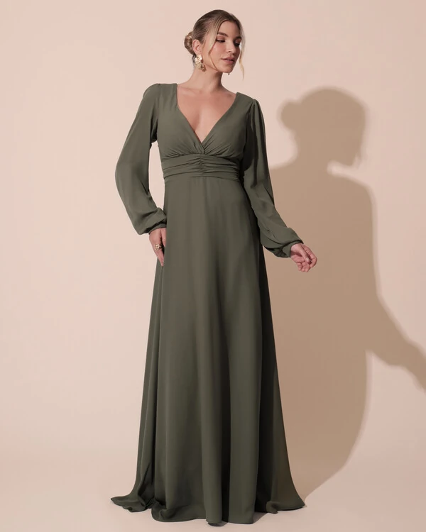 Vestido de Festa Manga Longa com Cintura Drapeada Decote V Verde Oliva