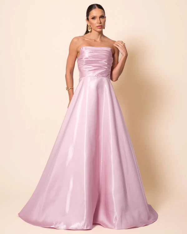Vestido de Festa Longo Cetim Cristal Tomara que Caia Drapeado Rosa