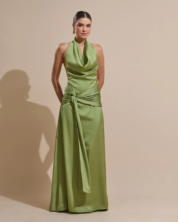 Vestido de Festa Longo Cetim Frente Única Degagê com Faixa Drapeada Verde Pistache