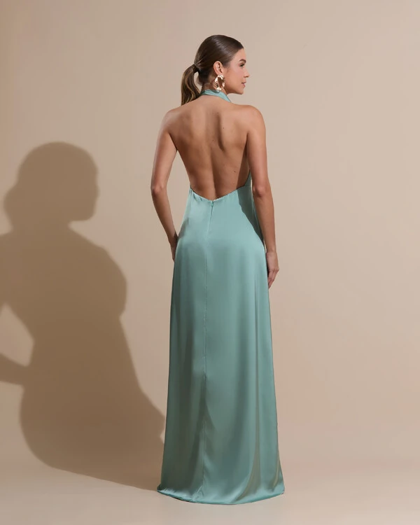 Vestido de Festa Longo Frente Única Degagê Cetim Fluido Verde Menta