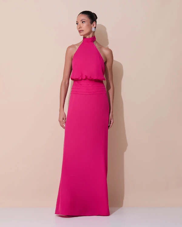 Vestido de Festa Longo Frente Única Busto Blousê Crepe Chiffon Drapeado Pink Escuro
