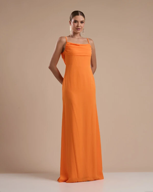Vestido de Festa Longo Crepe Chiffon Costas Lenço Cauda Laranja