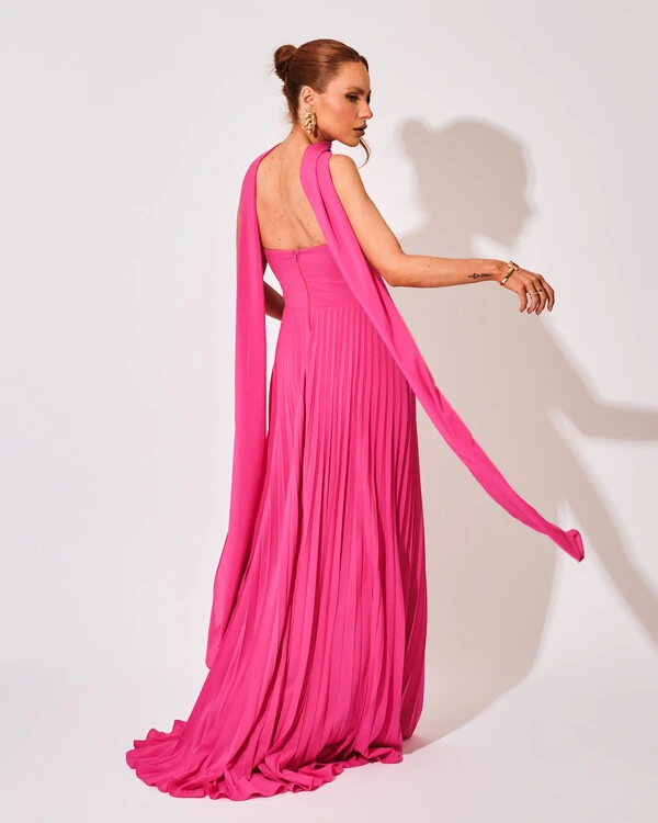 Vestido de Festa Longo Tomara que Caia Plissado com Lenço Pink