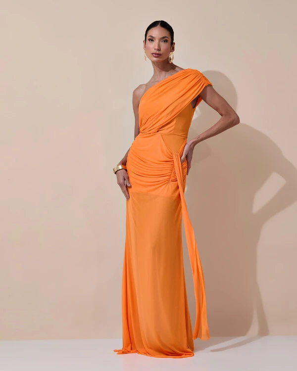 Vestido de Festa Longo Um Ombro Só Tule Drapeado Faixa Laranja New