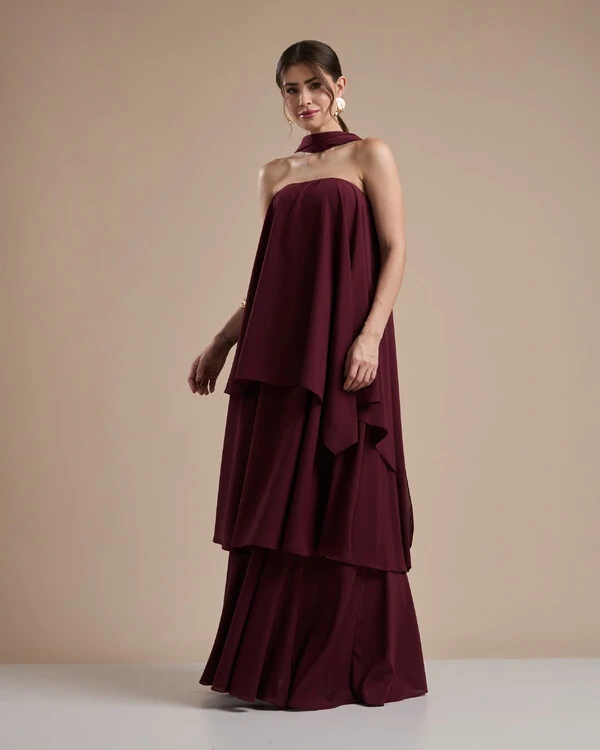 Vestido de Festa Longo Chiffon Crepe em Camadas com Lenço Marsala