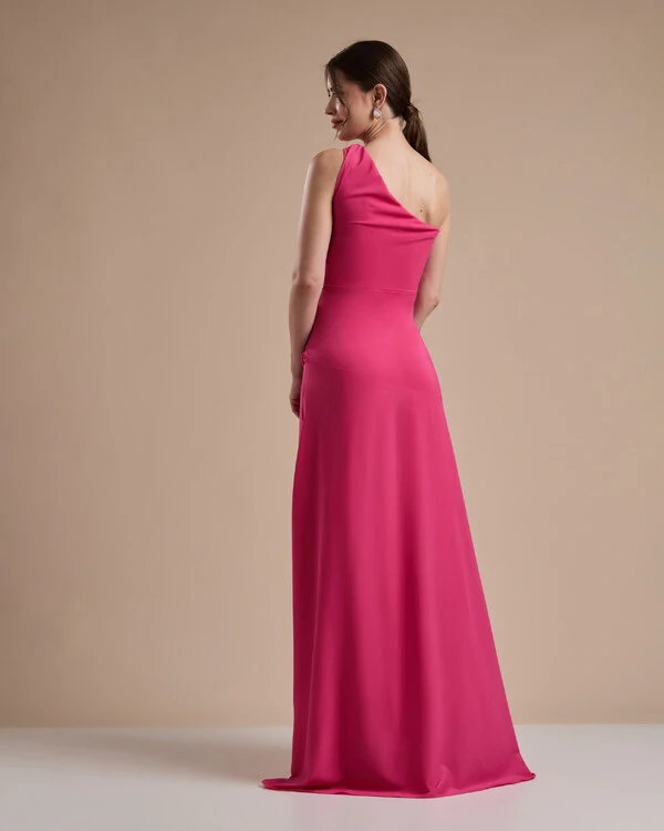 Vestido de Festa Longo Crepe Chiffon Um Ombro Só Drapeado com Babado Cascata Pink New