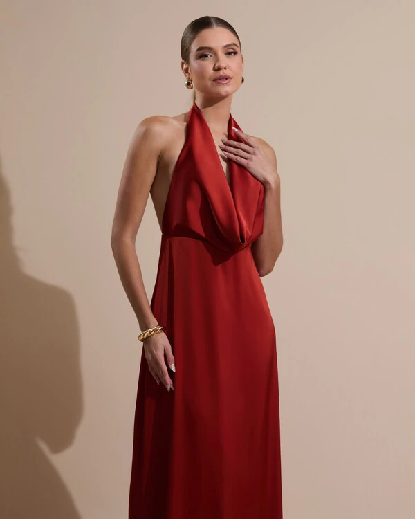 Vestido de Festa Longo Frente Única Degagê Cetim Fluido Terracota