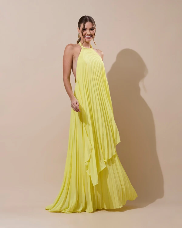 Vestidos de Festa Longo Chiffon Fluido Frente Única Plissado Duplo Amarelo Manteiga