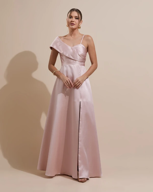 Vestido de Festa longo Faixa Ombro e Fenda Zibeline Rosa Nude