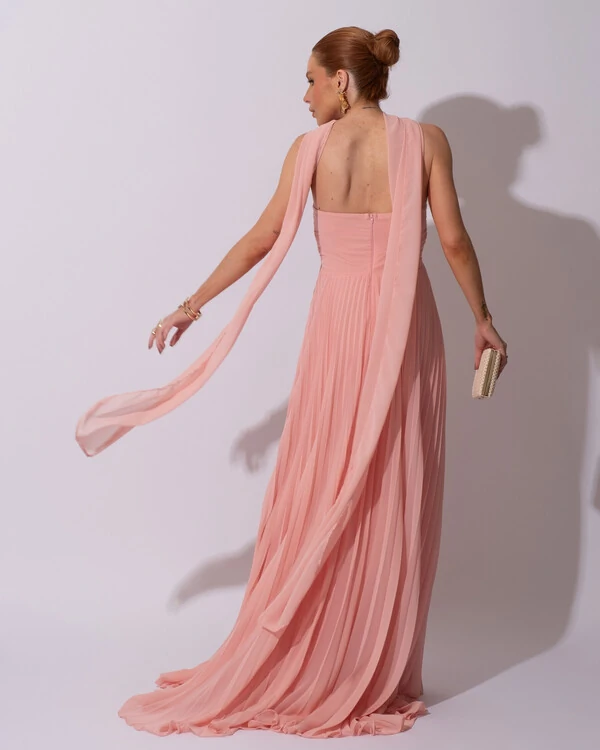 Vestido de Festa Longo Tomara que Caia Plissado com Lenço Rosa Claro