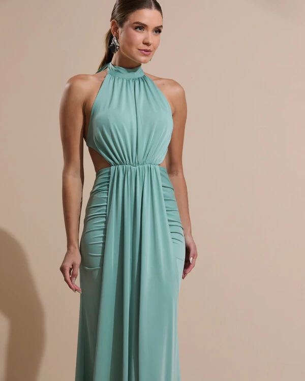 Vestido de Festa Longo Malha Jersey Gola Alta Saia Sereia Verde Menta