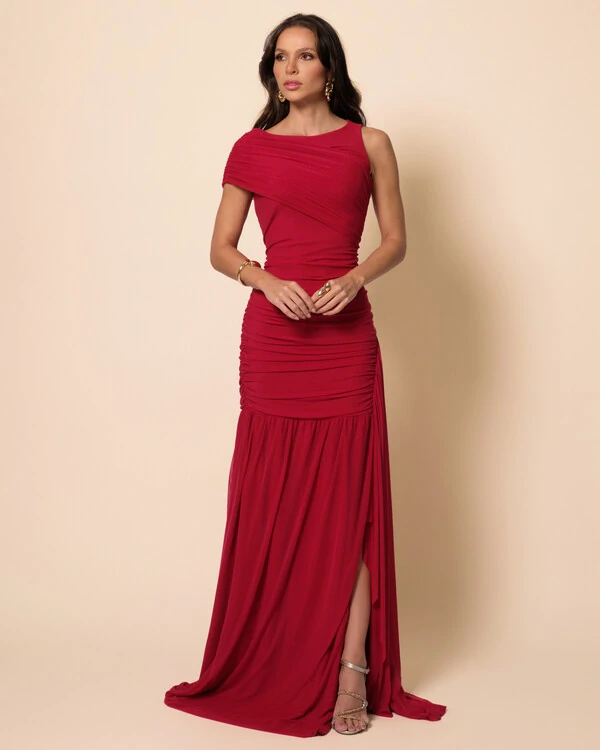 Vestido de Festa Longo Tule Faixa Detalhe Drapeado Cereja