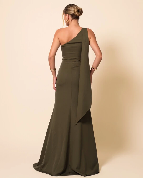 Vestido de Festa Longo Alafataria Um Ombro Só Detalhe Drapeado Verde Oliva New