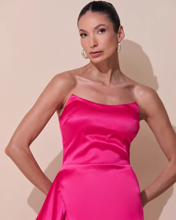 Vestido de Festa Longo Tomara que Caia Cetim Babado Fenda Pink