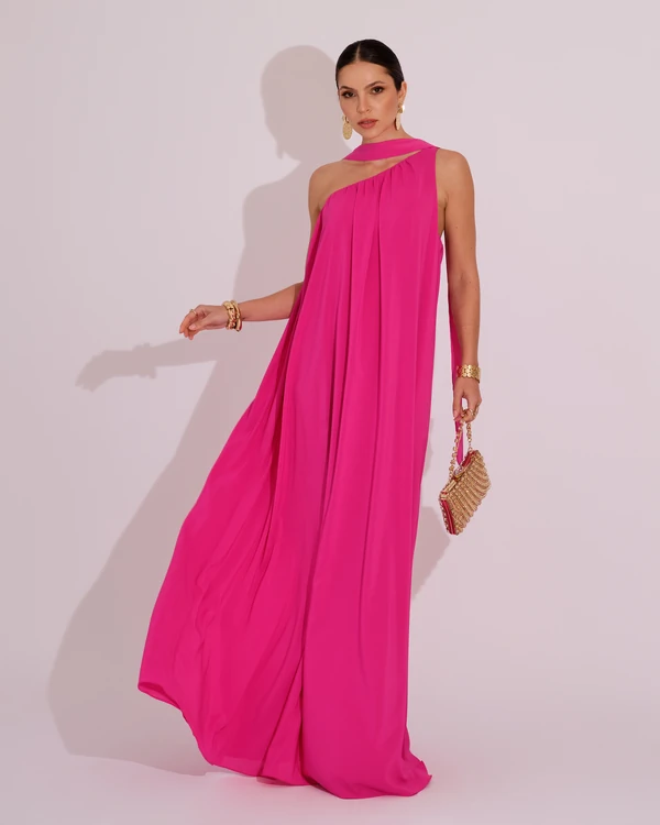 Vestido de Festa Longo Crepe Fluido um Ombro Só com Lenço Pink