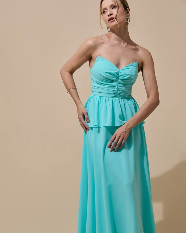Vestido de Festa Longo Crepe Chiffon Tomara que Caia Peplum Drapeado Tiffany