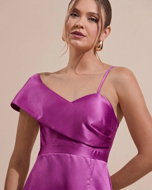 Vestido de Festa Longo Zibeline Ombro a Ombro com Fenda Fúcsia