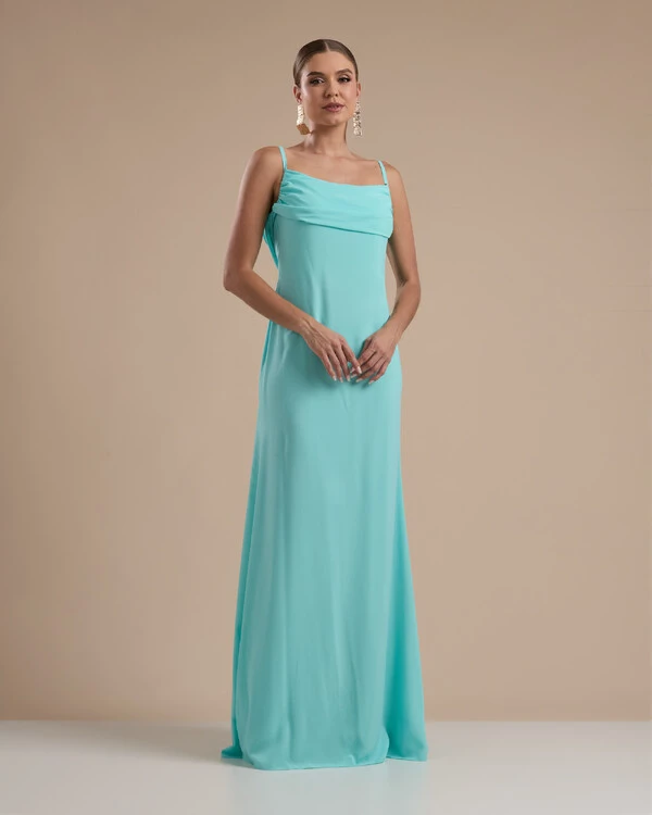 Vestido de Festa Longo Crepe Chiffon Costas Lenço Cauda Tiffany