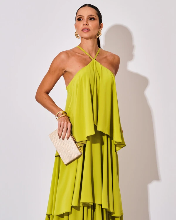 Vestido Longo Crepe Chiffon Babado em Camadas Verde Pistache