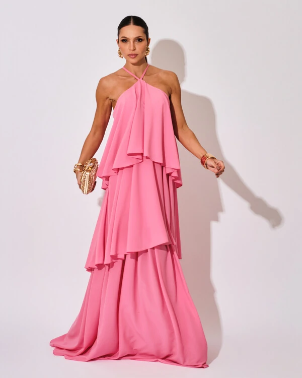 Vestido Longo Crepe Chiffon Babado em Camadas Rosa