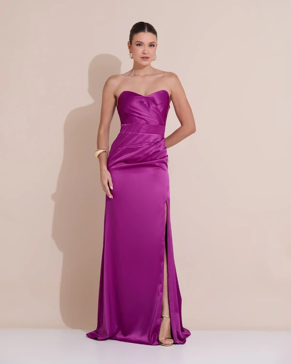 Vestido de Festa Longo Cetim Alfaiataria Tomara que Caia Fenda Fúcsia