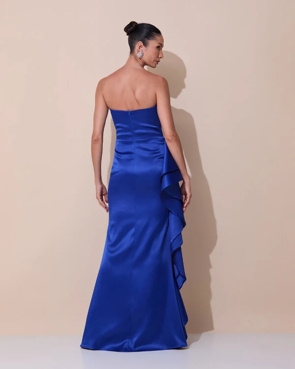 Vestido de Festa Longo Tomara que Caia Cetim Babado Fenda Azul Royal