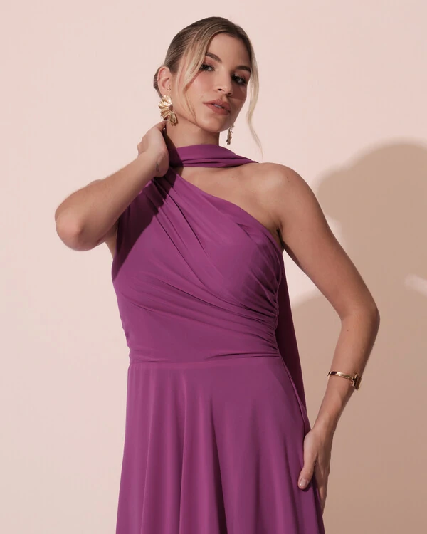 Vestido de Festa Longo Crepe Chiffon Um Ombro Só Drapeado com Lenço Fúcsia